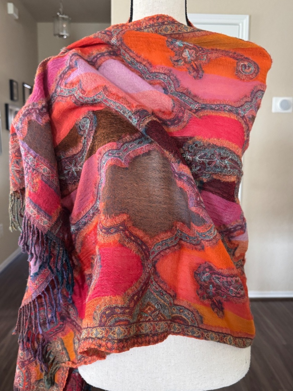 Wool Paisley Scarf Orange Red Boho Shawl Wrap Fringed Fall Winter Women's - Picture 5 of 8
